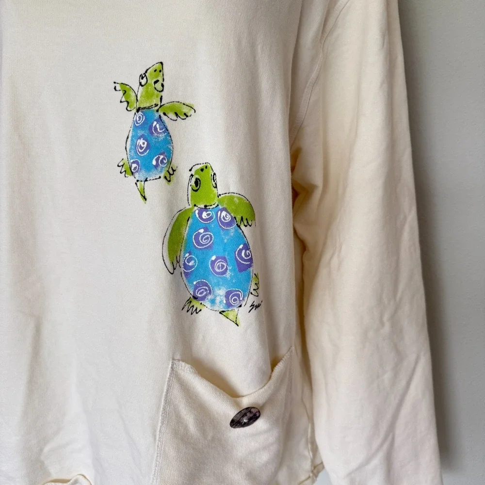 CMC Color Me Cotton Sea Turtle Print Sweatshirt XL Cream Beach Coastal USA Artsy - Picture 4 of 10
